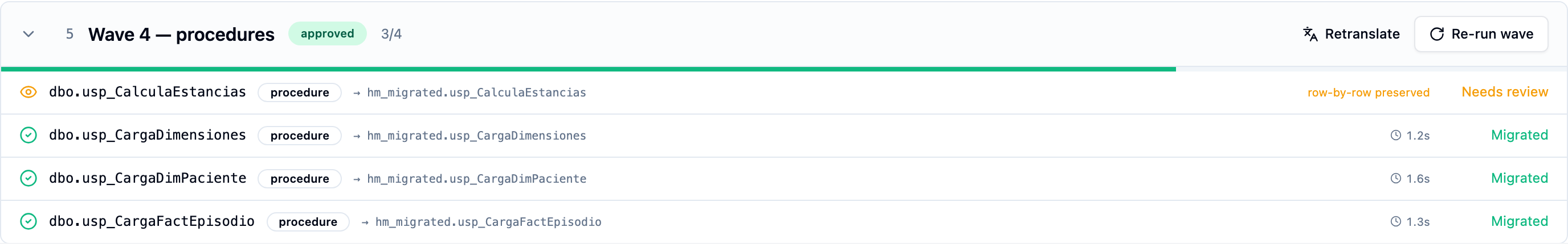A wave on the Execution tab with one procedure held: "row-by-row preserved · Needs review"