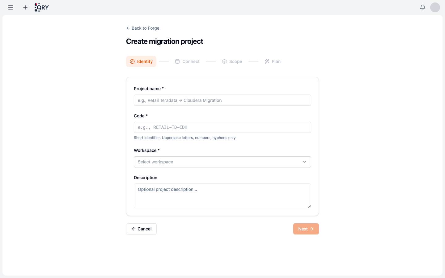 Create migration project wizard, Identity step