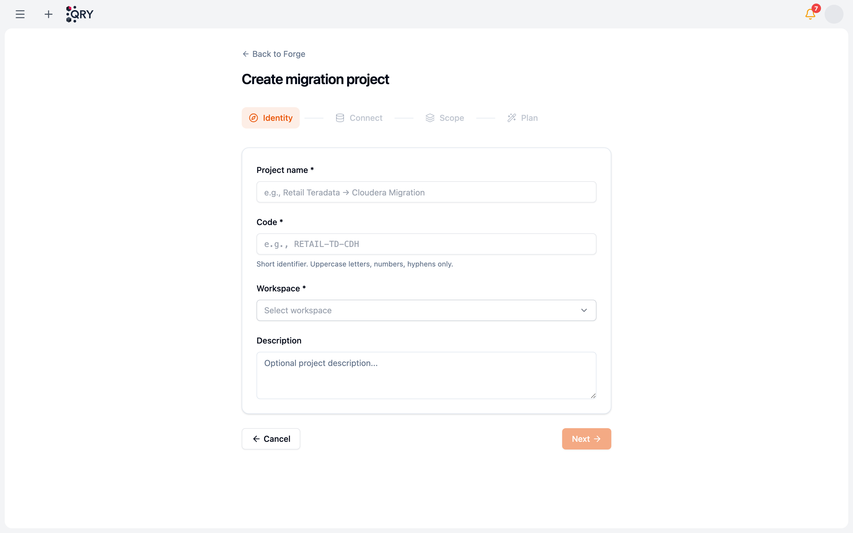 Create migration project wizard, Identity step